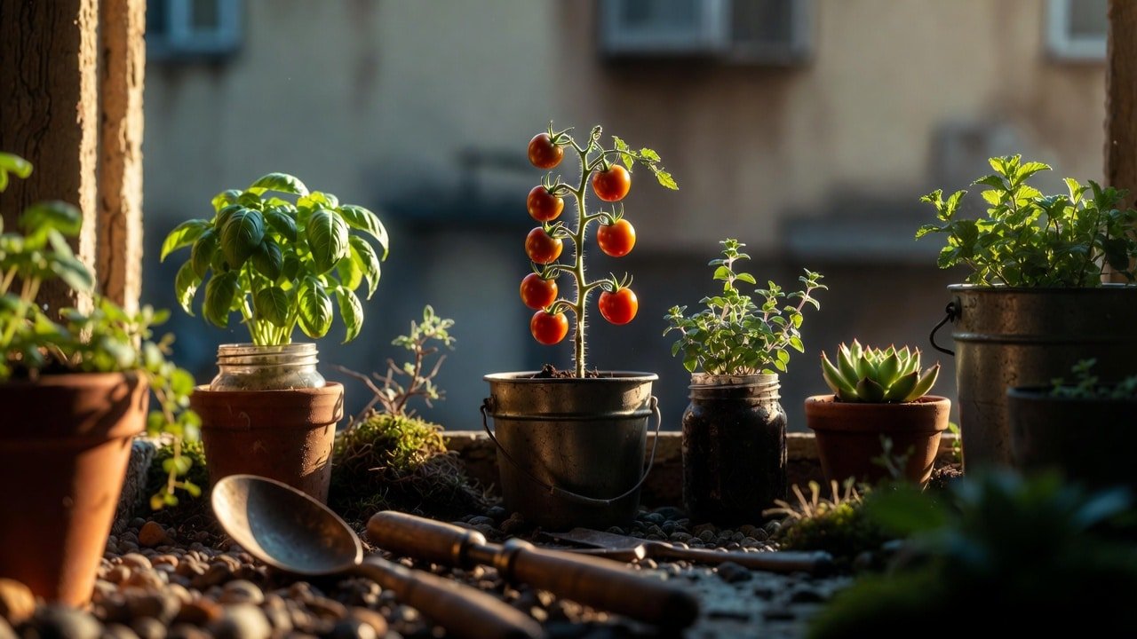 Potted plants with tomatoes and herbs.